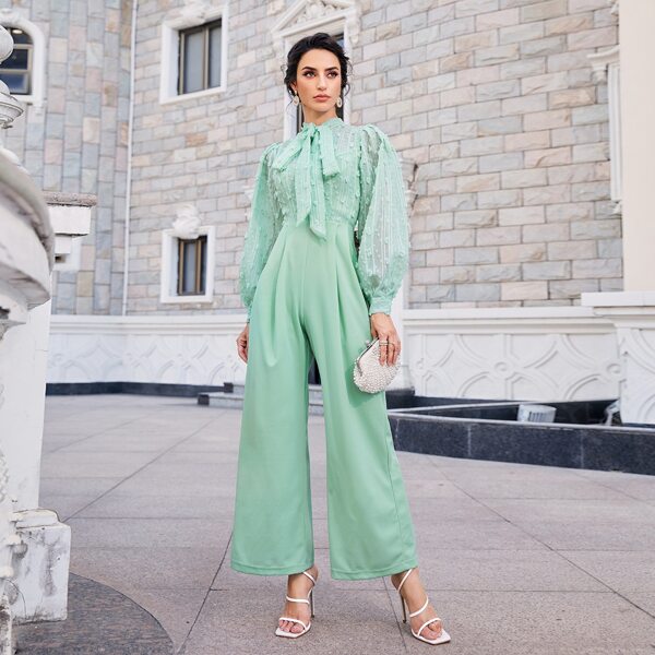 

Tie Neck Lantern Sleeve Jumpsuit, Mint green
