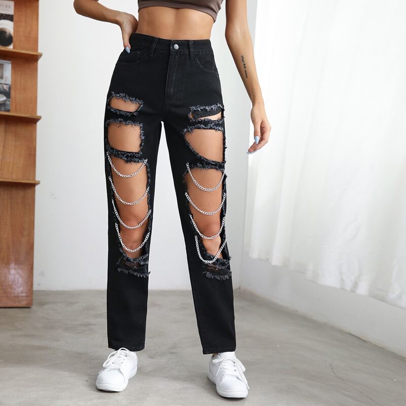 

Chain Detail Cutout Jeans, Black