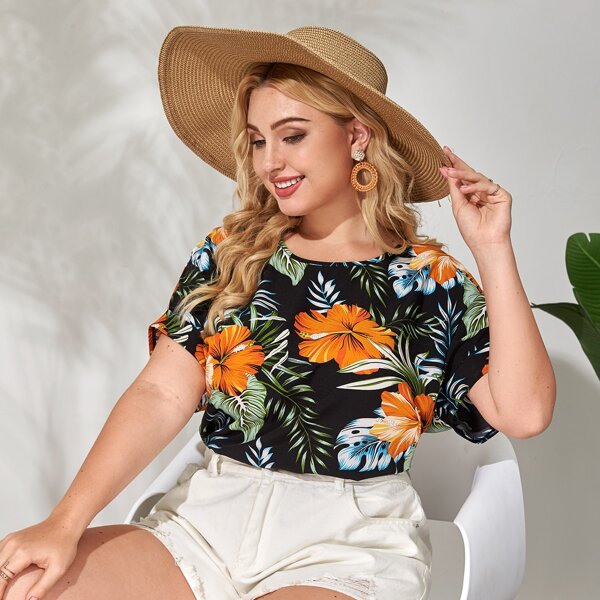 

Plus Tropical Print Batwing Sleeve Blouse, Multicolor