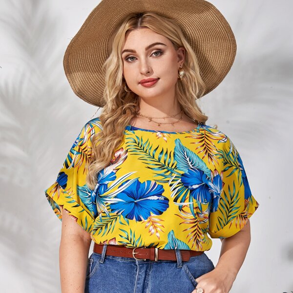 

Plus Tropical Print Batwing Sleeve Blouse, Multicolor