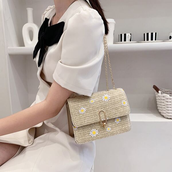 

Floral Graphic Flap Straw Shoulder Bag, Khaki