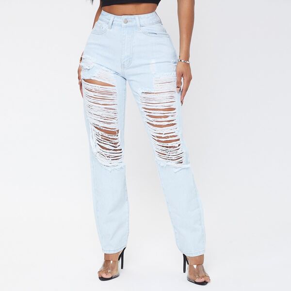 

High Waist Ripped Curvy Jeans, Light wash