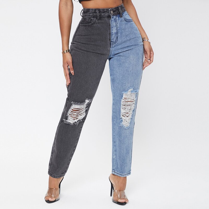 

High Waist Colorblock Ripped Jeans, Multicolor