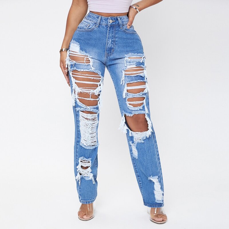 

High Waist Ripped Fringe Jeans, Medium wash
