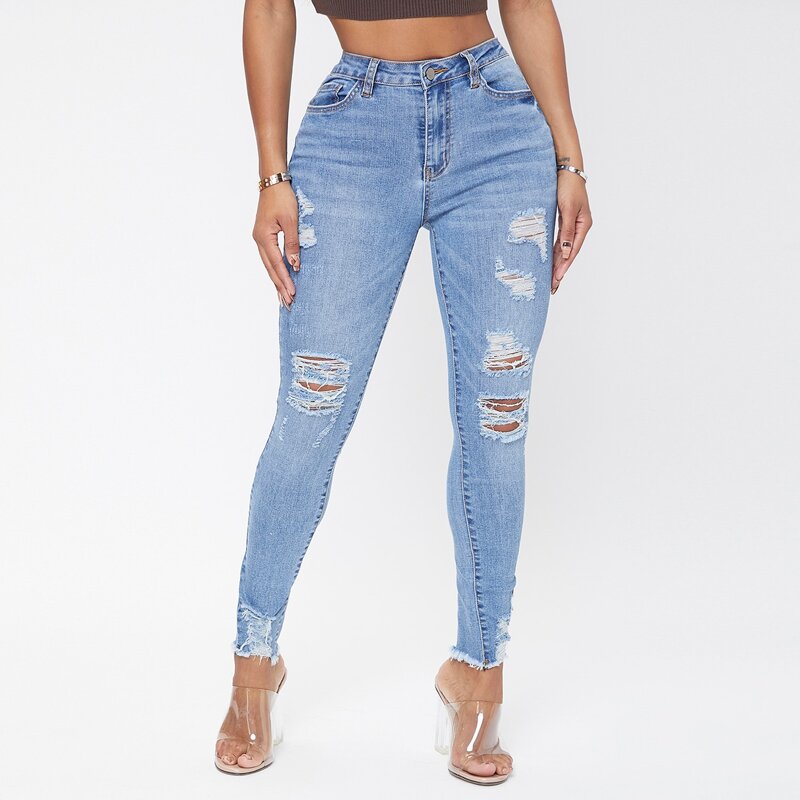 

High Waist Ripped Raw Hem Jeans, Light wash