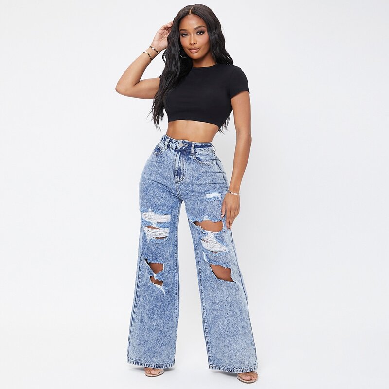 

Cutout Wide Leg Jeans, Light wash
