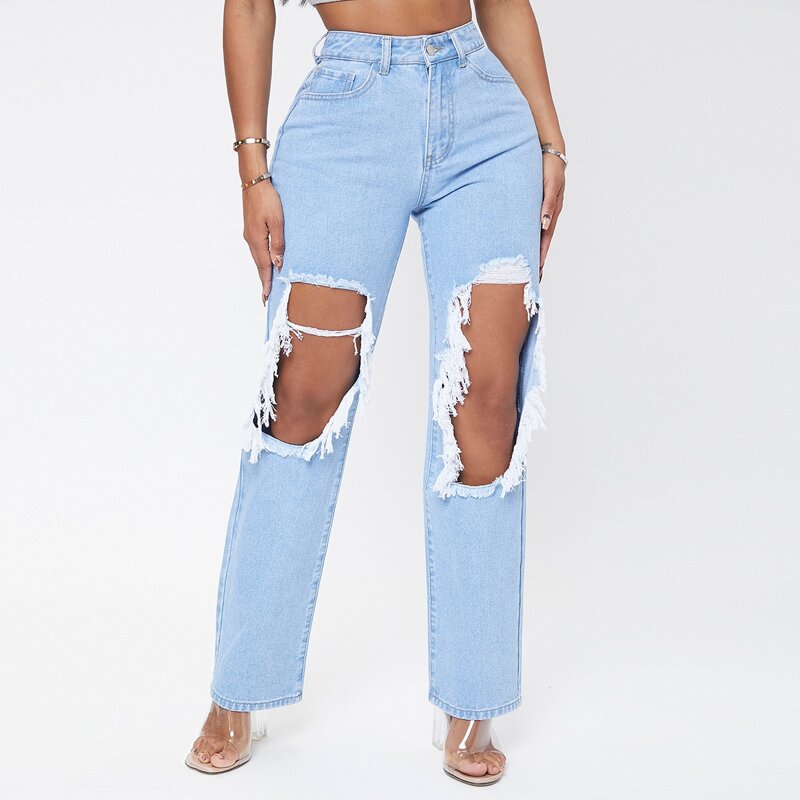 

Cut Out Fringe Trim Curvy Jeans, Light wash