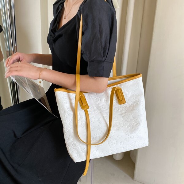 

Cartoon Embossed Tote Bag, White