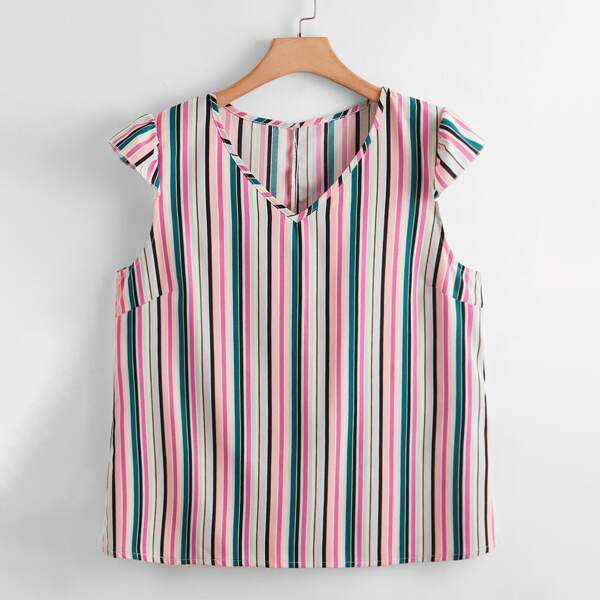 

Plus Striped Print Cap Sleeve Blouse, Multicolor