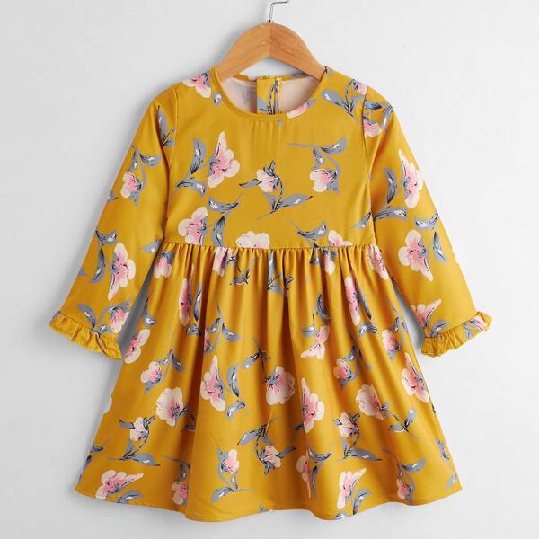 

Toddler Girls Floral Flounce Sleeve Babydoll Dress, Yellow