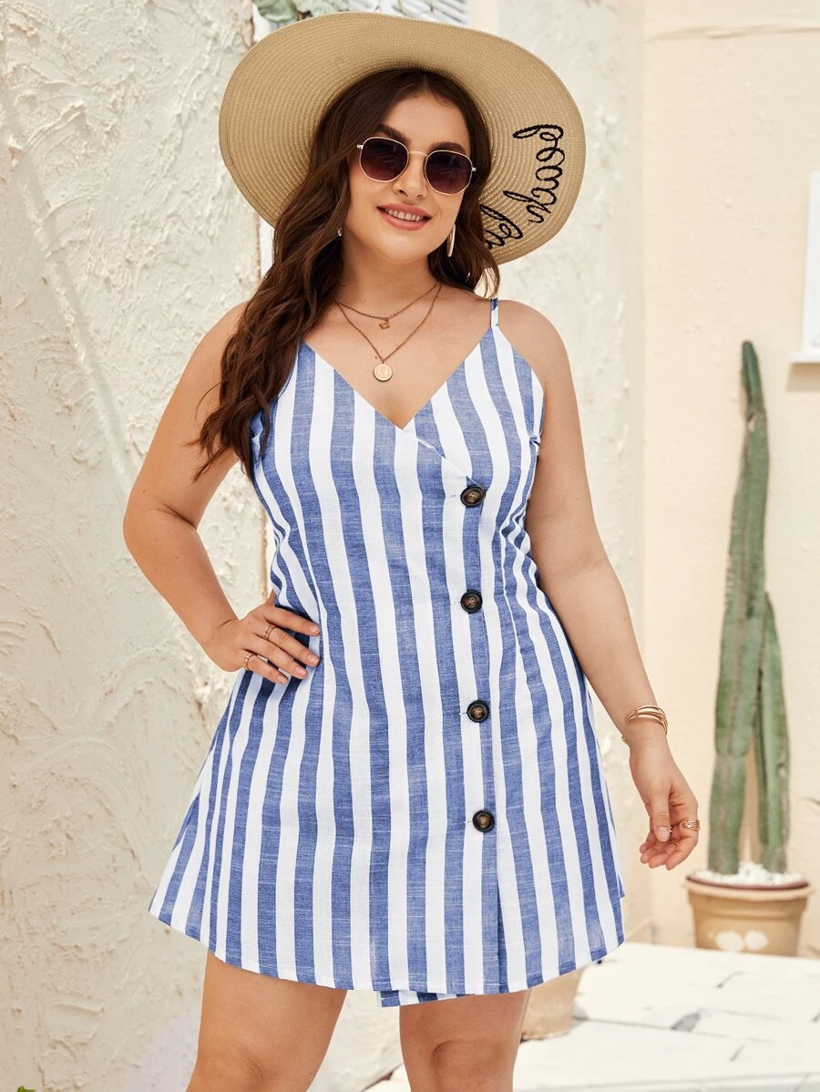 Plus Striped Button Front Cami Dress - Blue and White - View 1