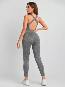 SHEIN Essnce Áo liền quần Lộ Lưng Hội Chữ thập màu trơn Thể thao - Xám - Xem 1