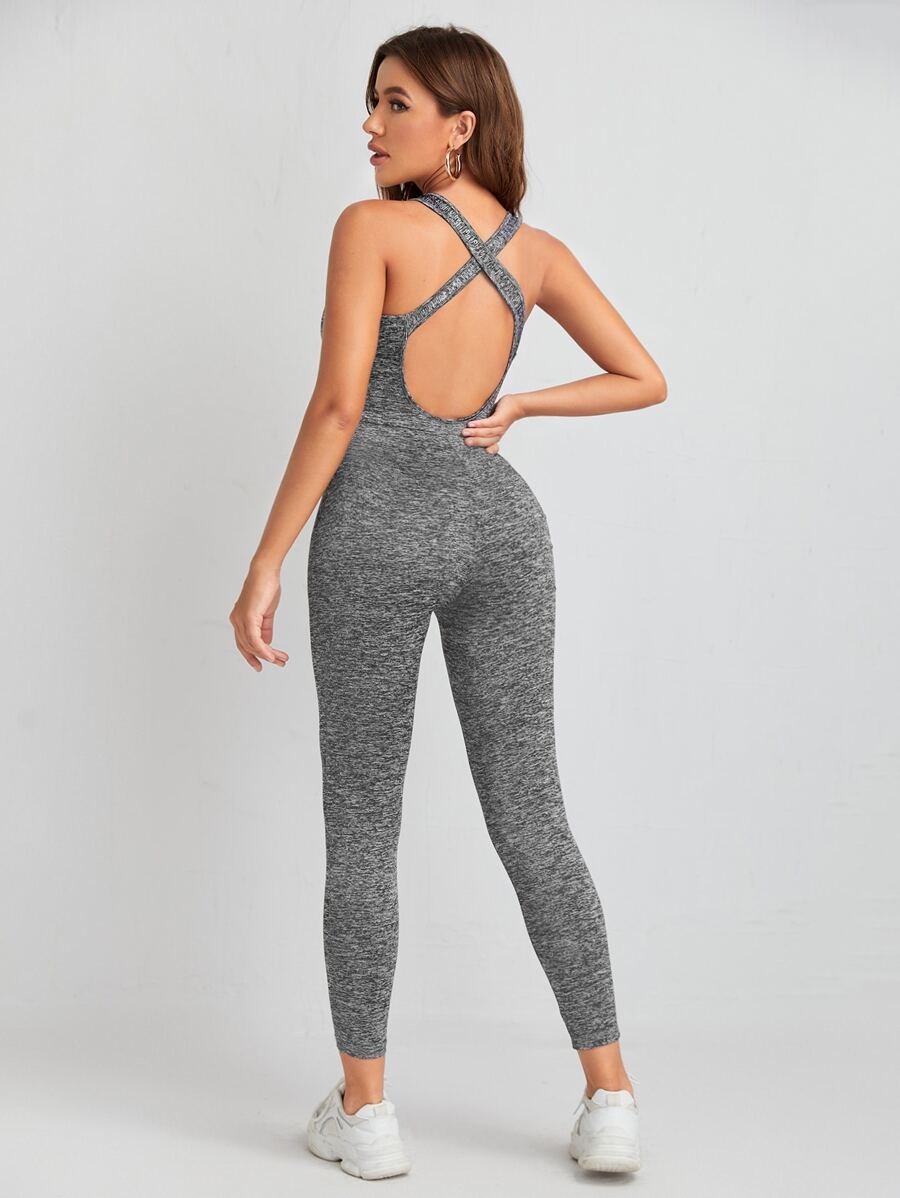 SHEIN Essnce Áo liền quần Lộ Lưng Hội Chữ thập màu trơn Thể thao - Xám - Xem 1