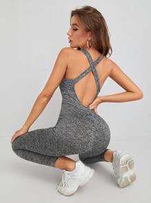 SHEIN Essnce Áo liền quần Lộ Lưng Hội Chữ thập màu trơn Thể thao - Xám - Xem 3