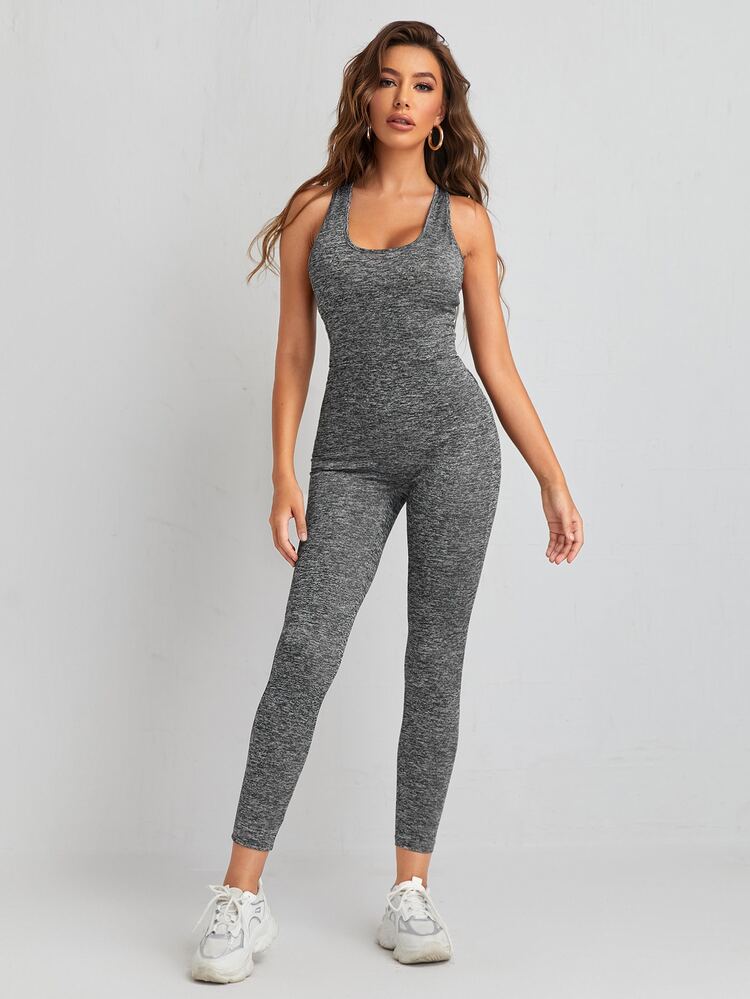 SHEIN Essnce Áo liền quần Lộ Lưng Hội Chữ thập màu trơn Thể thao - Xám - Xem 4