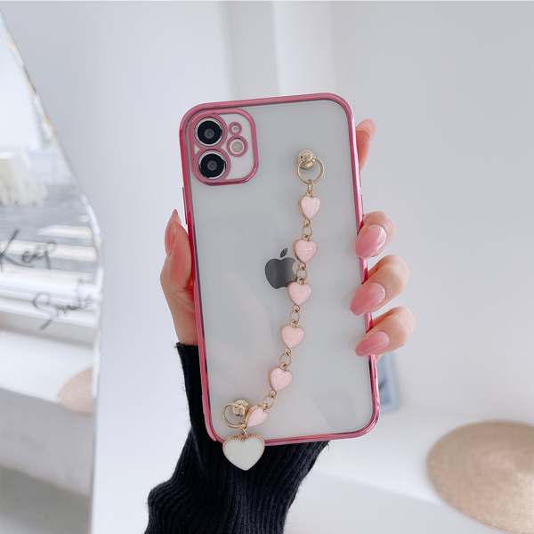 

Contrast Frame Phone Case With Heart Decor Hand Strap, Rose gold