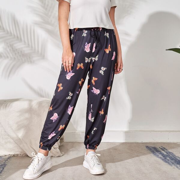 

Plus Butterfly Print Drawstring Waist Sweatpants, Black