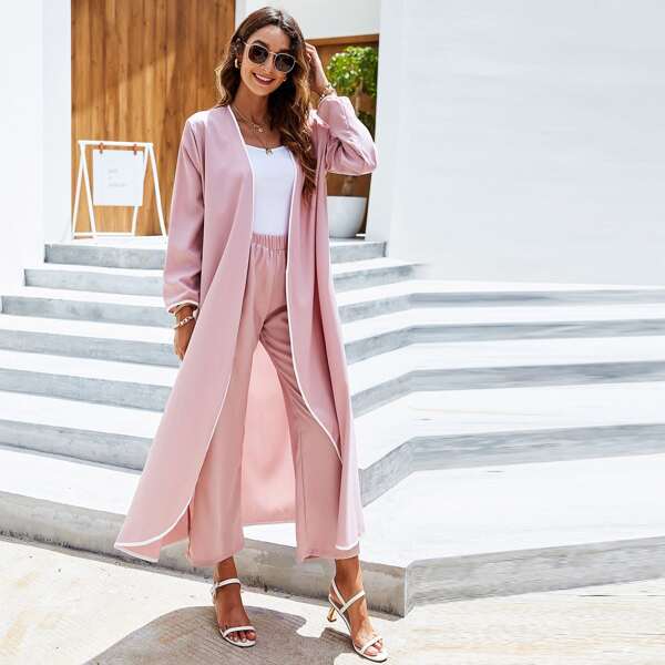 

2pcs Contrast Binding Coat & Wide Leg Pants, Dusty pink