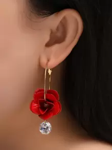 Flower & Rhinestone Drop Earrings - Red - View 1