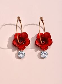 Flower & Rhinestone Drop Earrings - Red - View 2