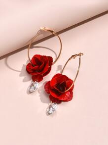 Flower & Rhinestone Drop Earrings - Red - View 3