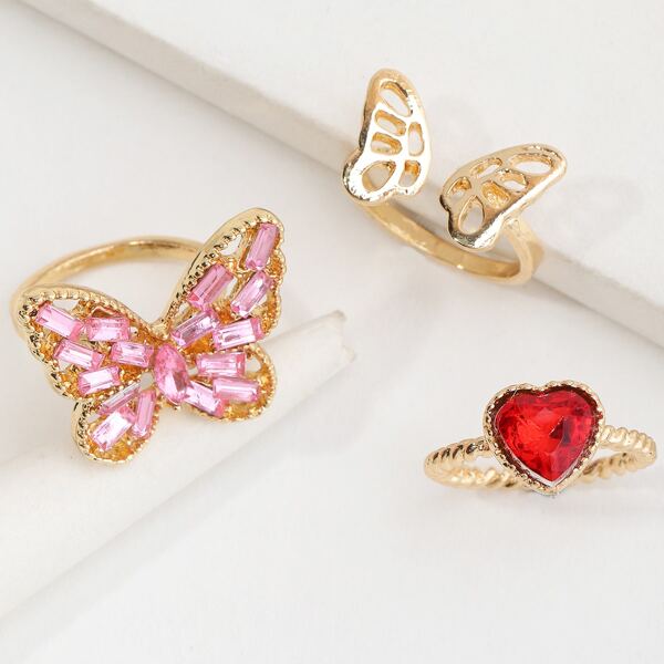 

3pcs Girls Butterfly & Heart Decor Ring, Pink