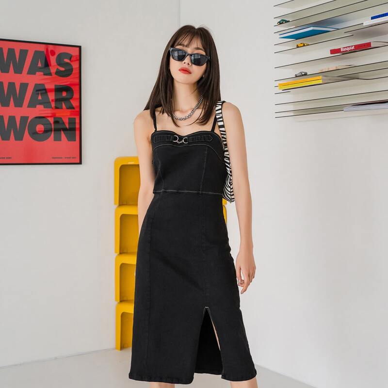 

Split Hem Denim Cami Dress Without Tee, Black