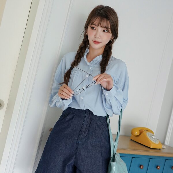 

Frill Neck Bishop Sleeve Blouse, Dusty blue