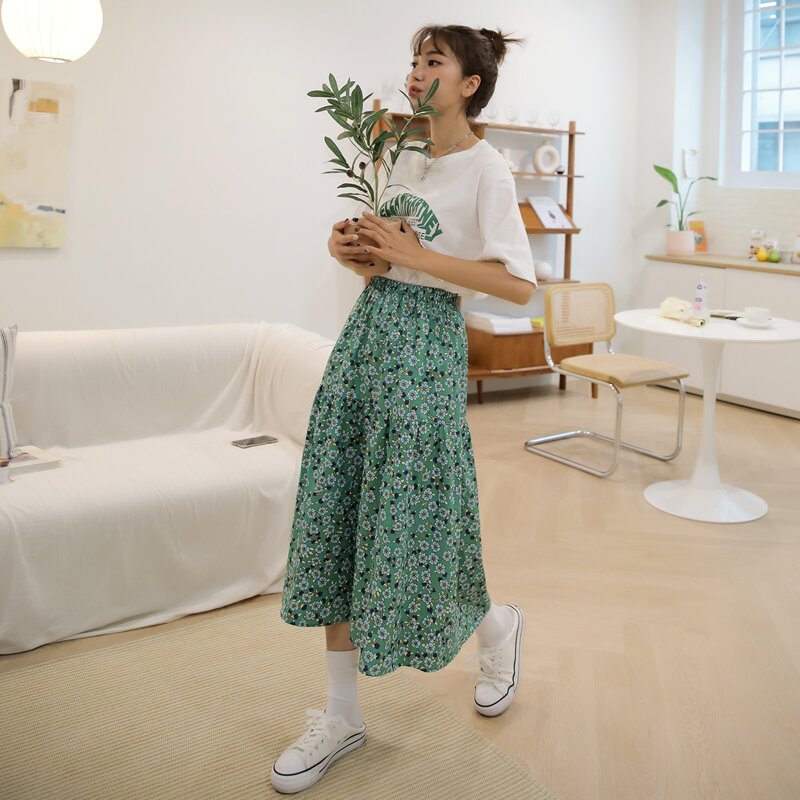 

Allover Floral A-line Skirt, Green