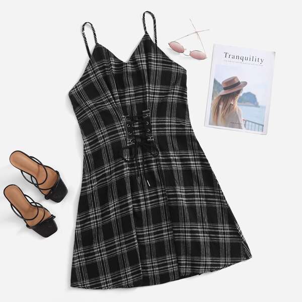 

Plus Plaid Lace Up Cami Dress, Black