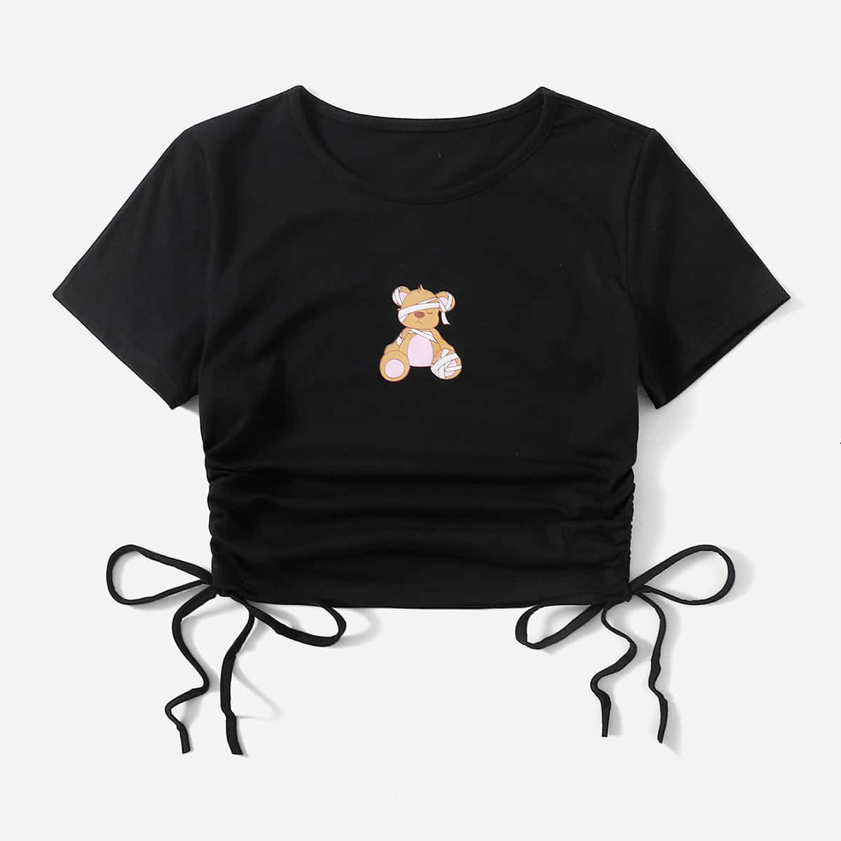 

Cartoon Bear Graphic Drawstring Crop Tee, Black