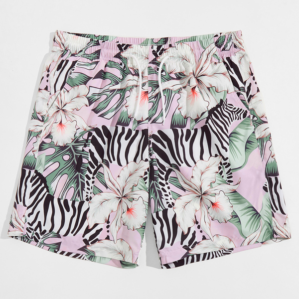 

Men Zebra & Floral Print Drawstring Swim Trunks, Multicolor