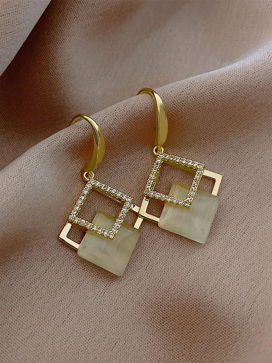 Rhinestone Decor Geometric Drop Earrings - Vàng - Xem 1