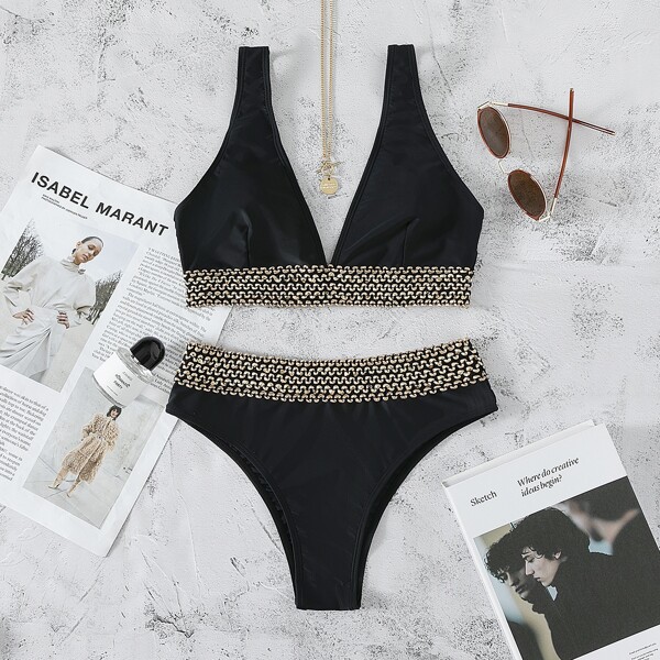 

Contrast Trim V Neck Bikini Swimsuit, Black