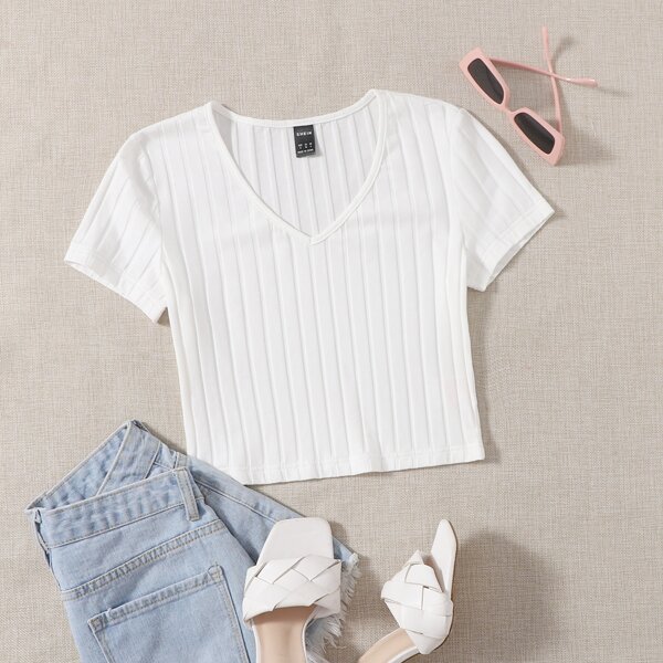 

V-neck Rib-knit Tee, White