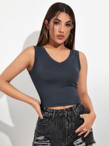 SHEIN V-neck Crop Tank Top - Dark Grey - View 1