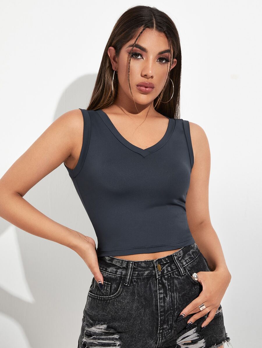 SHEIN V-neck Crop Tank Top - Dark Grey - View 1