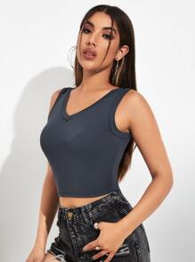 SHEIN V-neck Crop Tank Top - Dark Grey - View 3