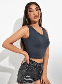 SHEIN V-neck Crop Tank Top - Dark Grey - View 4