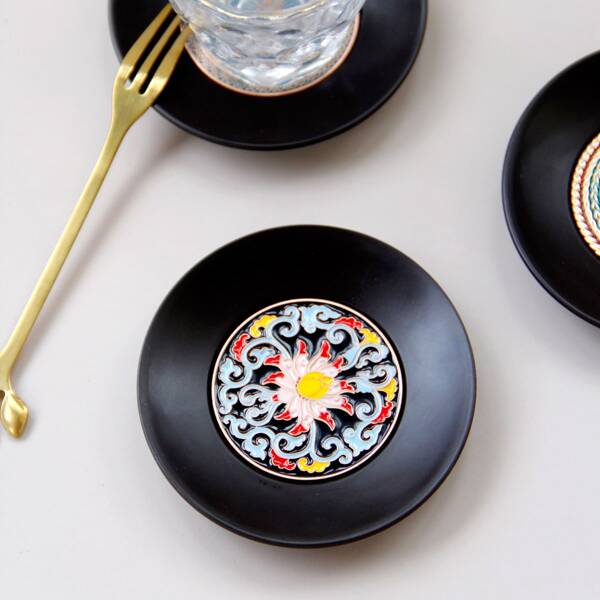 

1pc Vintage Pattern Round Coaster, Black