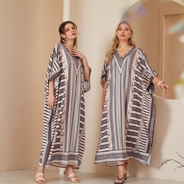 

1 PC Batwing Sleeve Graphic Print Kaftan, Khaki