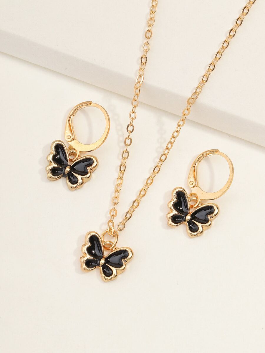 Girls Butterfly Charm Necklace & 1pair Drop Earrings - Black - View 1