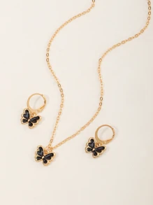 Girls Butterfly Charm Necklace & 1pair Drop Earrings - Black - View 2