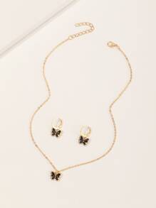 Girls Butterfly Charm Necklace & 1pair Drop Earrings - Black - View 3