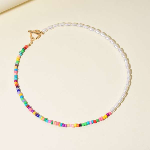 

Faux Pearl Decor Beaded Necklace, Multicolor