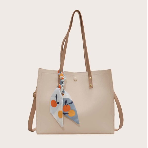 

Twilly Scarf Decor Tote Bag With Inner Pouch, Beige