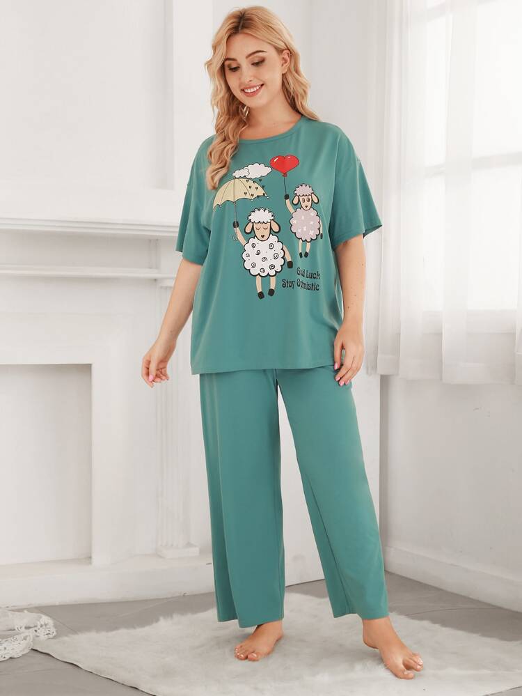SHEIN Plus Slogan & Sheep Print Tee and Trousers PJ Set - Green - View 4