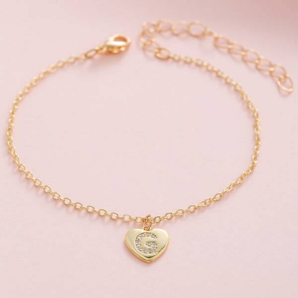 

Girls Zircon Letter Decor Heart Charm Bracelet, Gold