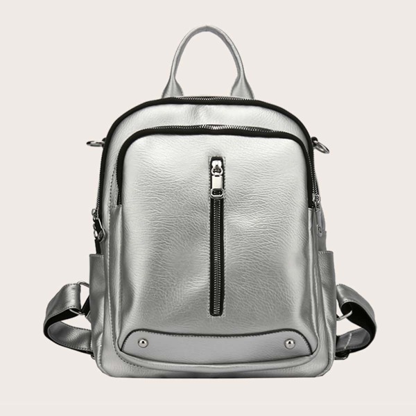 

Metallic Zipper Front Backpack, Silver