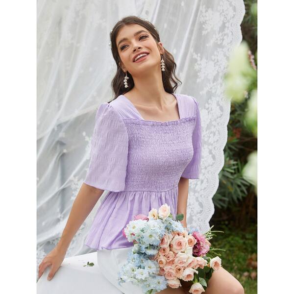 

Square Neck Puff Sleeve Shirred Peplum Blouse, Lilac purple
